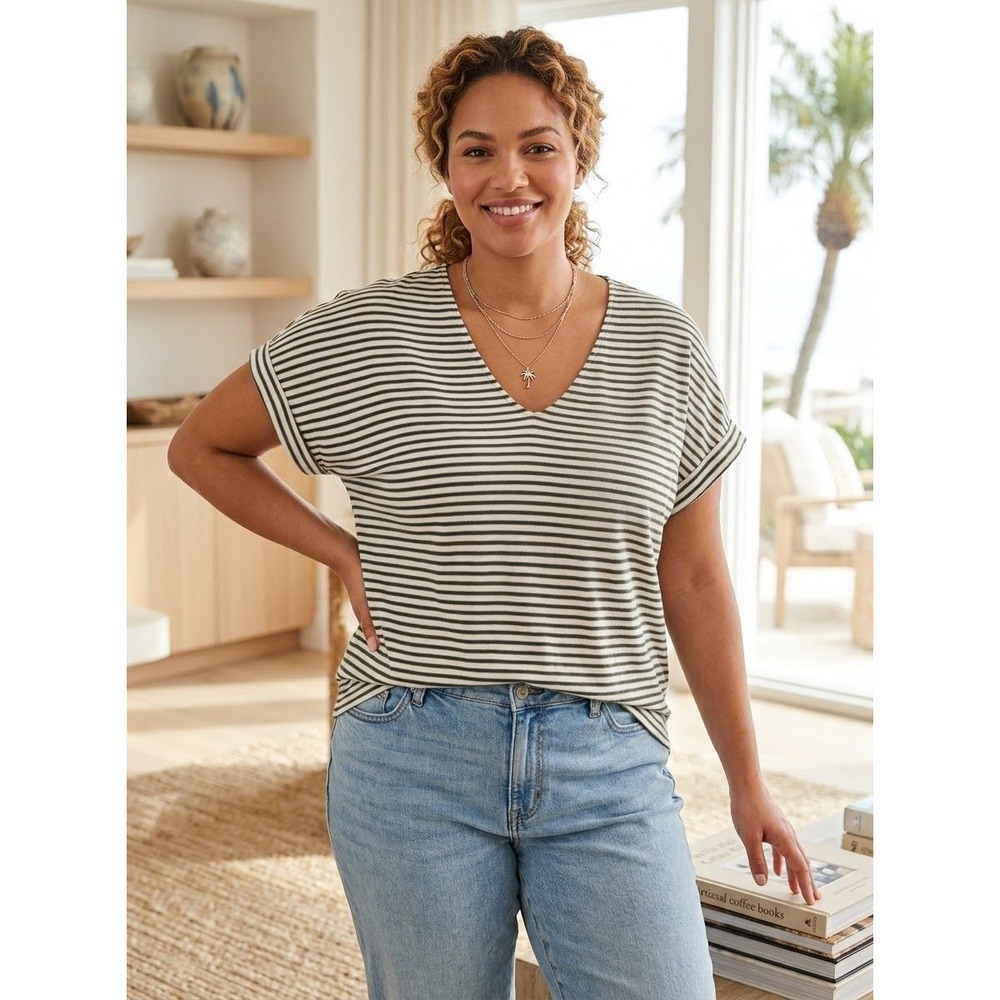 Striped Metallic V-Neck Tommy Bahama Green Tencel Blend Top Size XL Extra Large